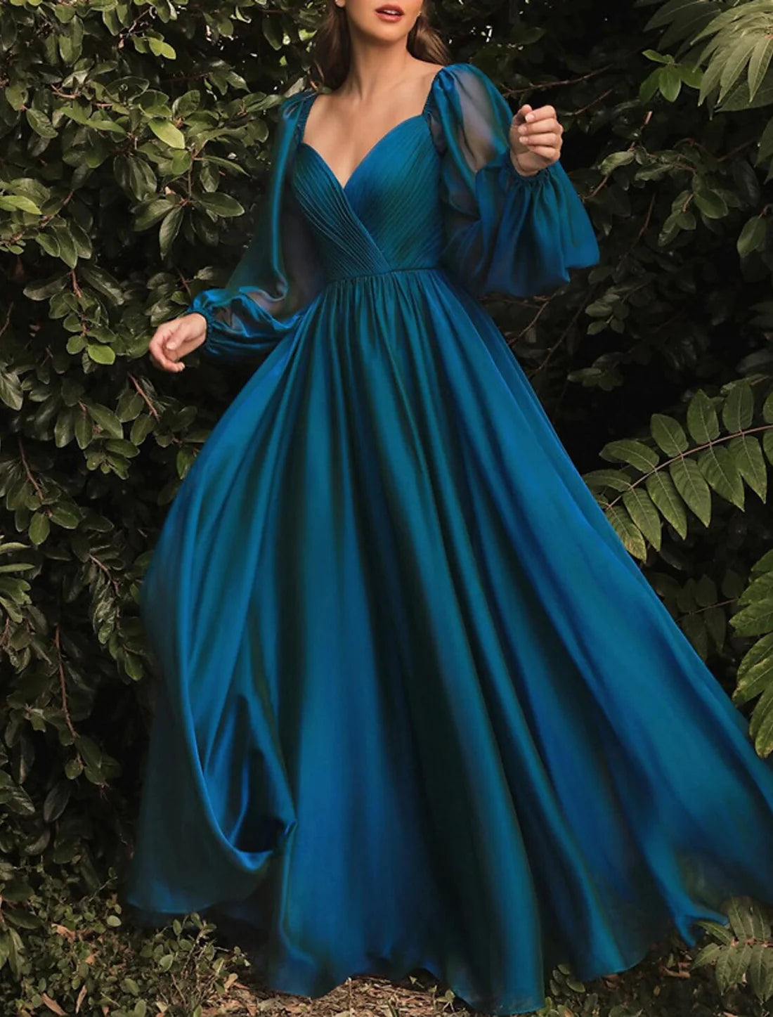 Luolandi A-Line Evening Gown Open Back Dress Formal Wedding Guest Floor Length Long Sleeve Prom Dress with Pleats